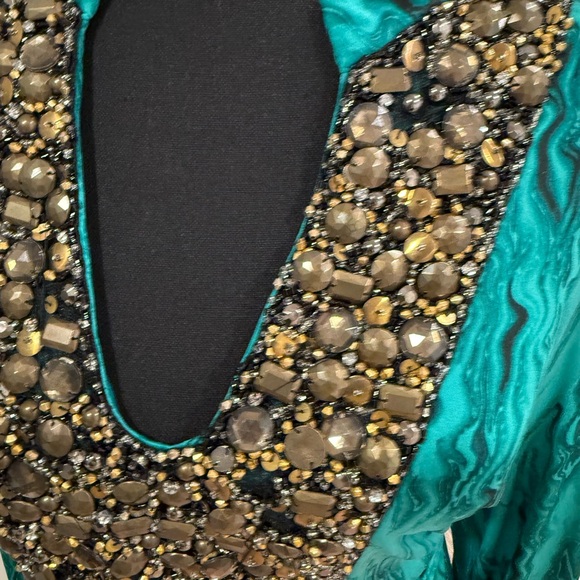 Silk Teal Long Sleeve Dress with Embellishments - Picture 7 of 14